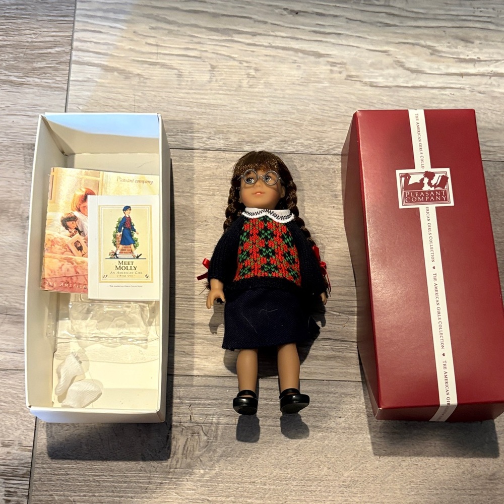American Girl Molly Mini Doll with Red & Green Sweater and Navy Skirt